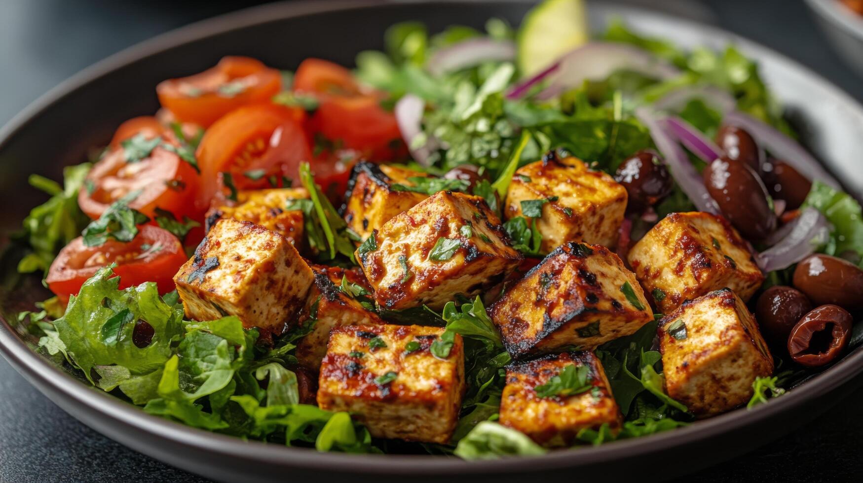 Fresh salad with grilled tofu, olives, tomatoes, and greens served in a dark bowl photo