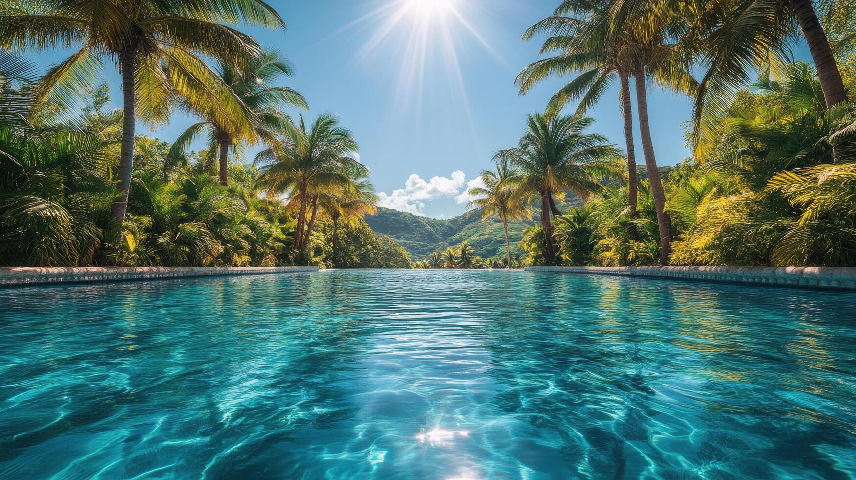 Tranquil swimming pool surrounded by lush greenery in a tropical paradise on a sunny day photo
