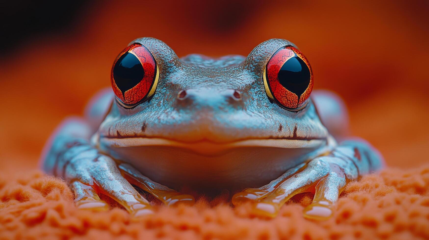 Colorful tree frog resting on a surface with a vibrant red background during daylight photo
