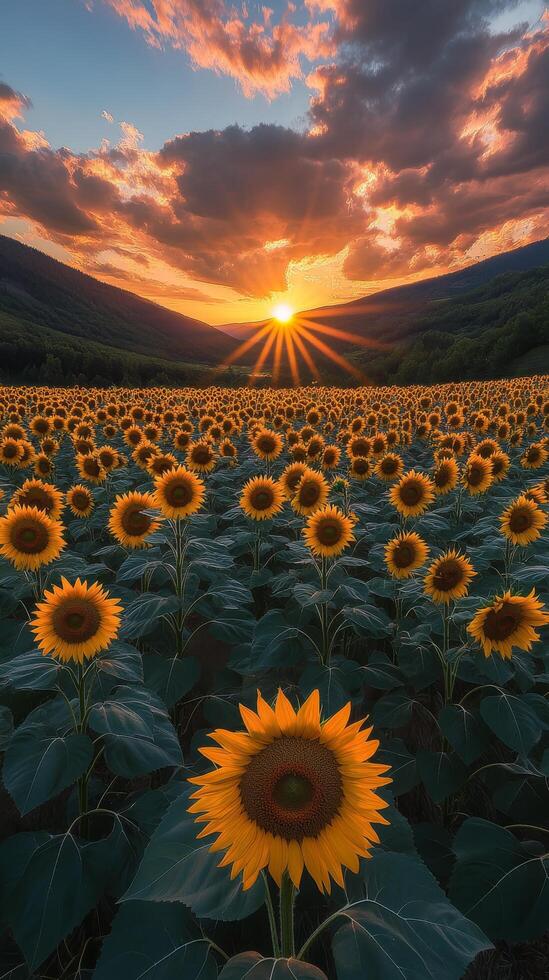 A vibrant field of sunflowers under a colorful sunset in a rural landscape photo