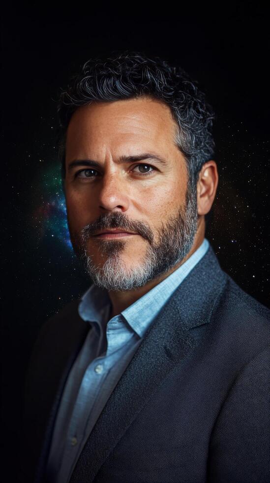 A man stands confidently against a dark background with hints of cosmic colors photo