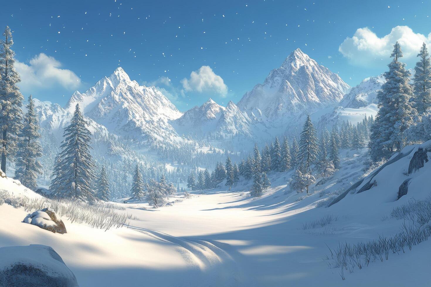 Snow covered mountains under a clear blue sky on a sunny winter day in a tranquil landscape photo