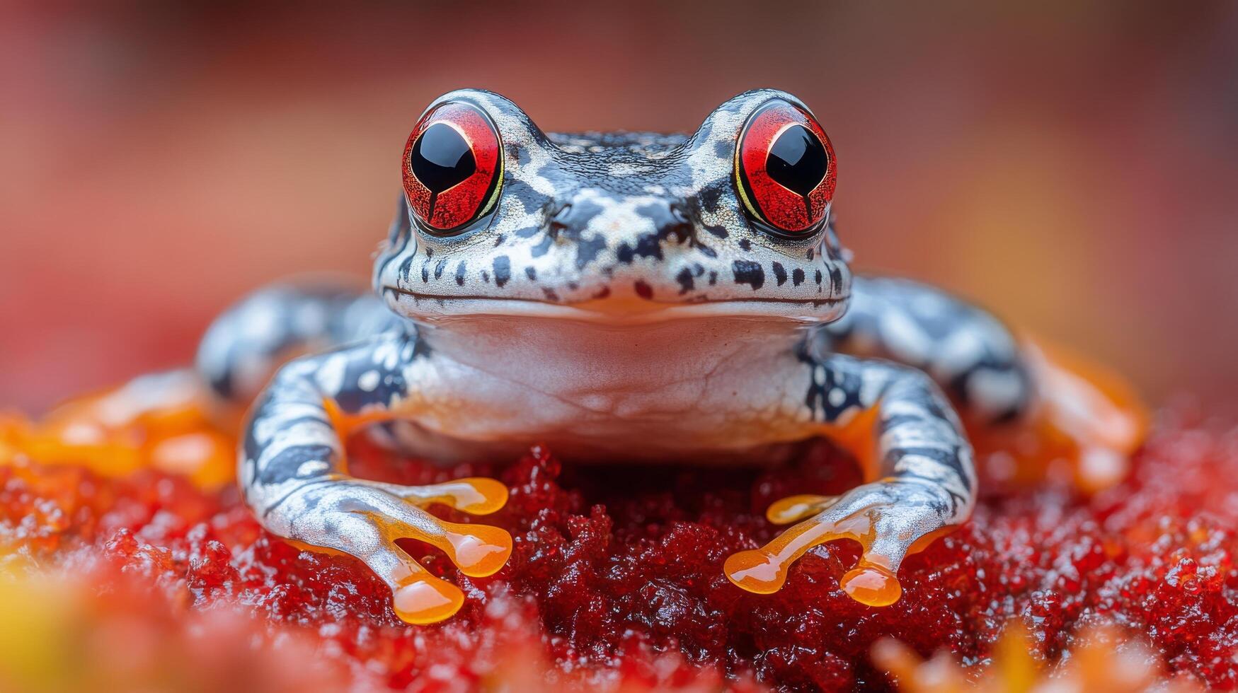 Colorful tree frog resting on a surface with a vibrant red background during daylight photo