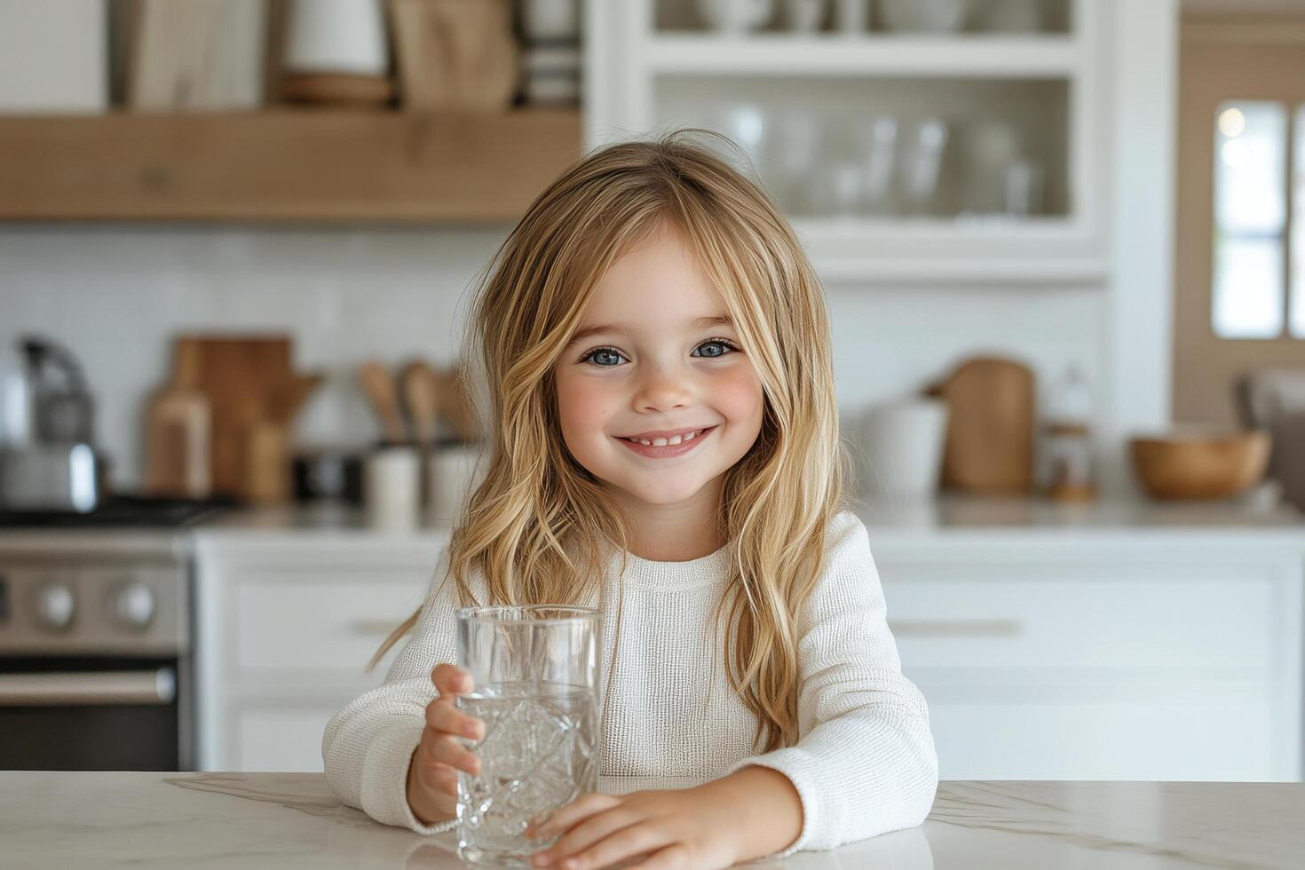 A young child smiles happily while holding a glass of water in a cozy kitchen setting photo