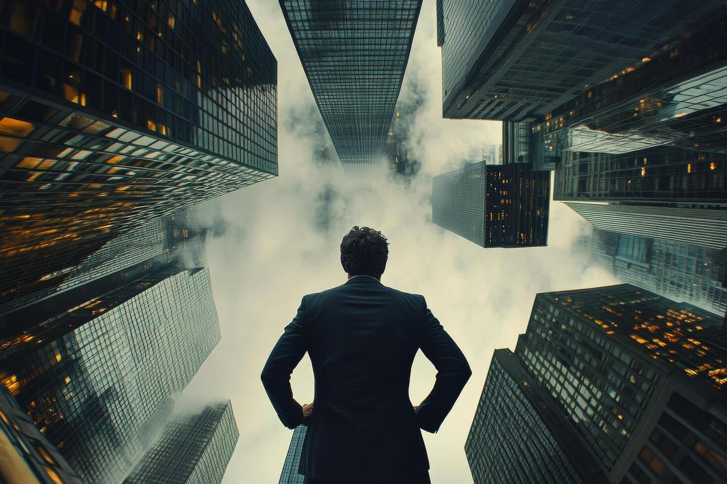 A man gazes up at towering skyscrapers under a dramatic sky in an urban setting at dusk photo