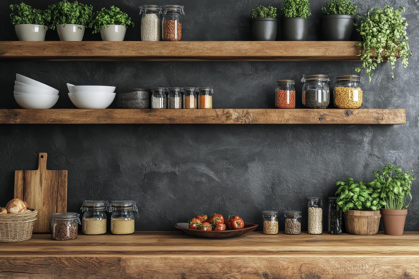 Rustic kitchen shelves filled with jars, bowls, and fresh herbs in a cozy indoor setting photo