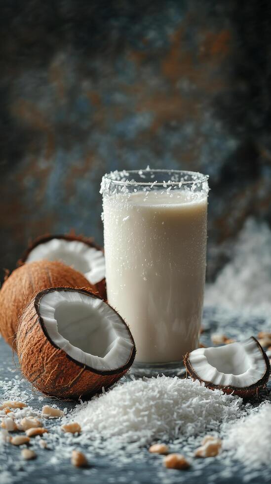 Creamy coconut milk in a glass surrounded by fresh coconuts and shredded coconut on a surface photo