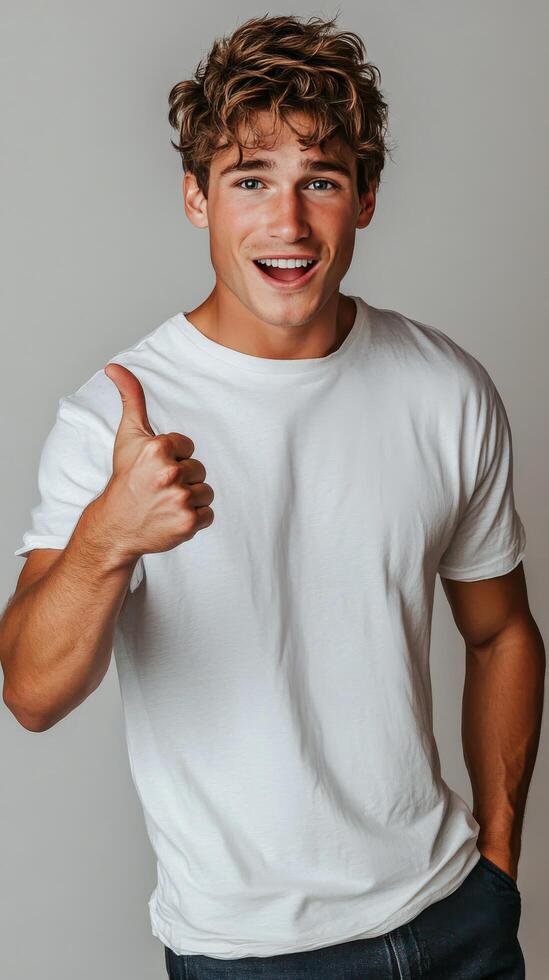 Young man giving a thumbs up gesture while standing against a textured gray wall photo