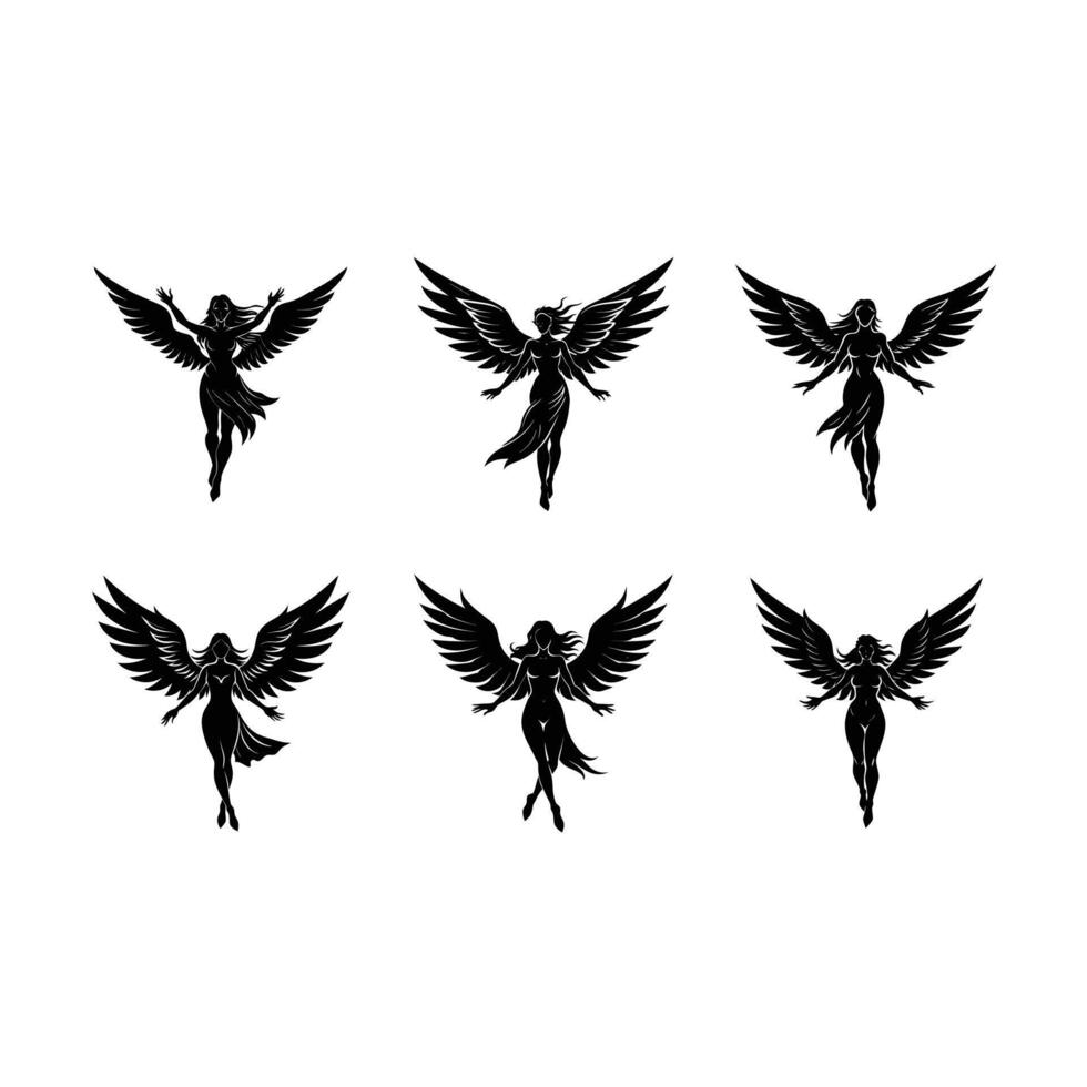 Elegant flying female angel in and line art design, perfect for decor. vector