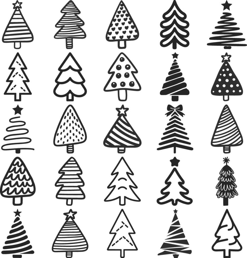 Line Art, Doodle Christmas Collection Of Decorated Trees, Merry Christmas And Happy New Year, Print On Custom T-shirts, Bags, Stationery, Poster And Stickers. vector