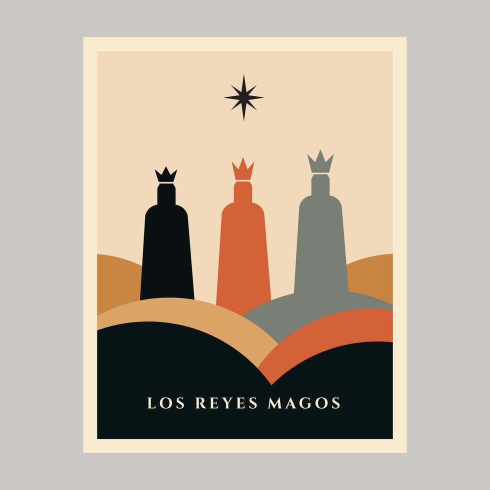 Minimalist Illustration of Los Reyes Magos Three Kings with Star and Colorful Hills Background vector