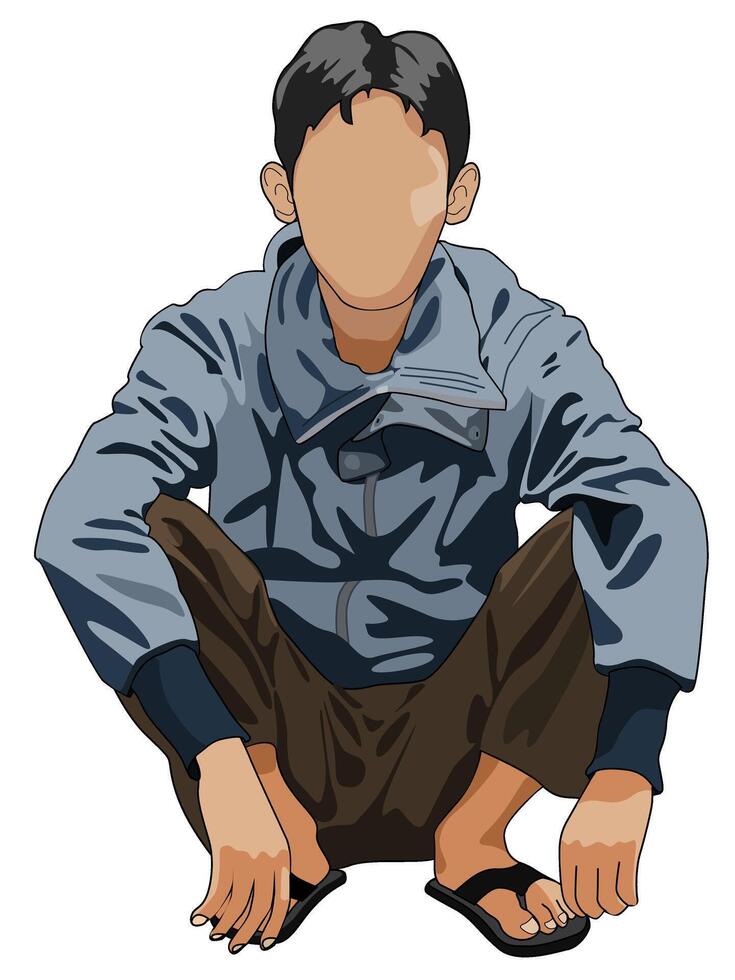 A squatting man wears sandals and a gray jacket. vector