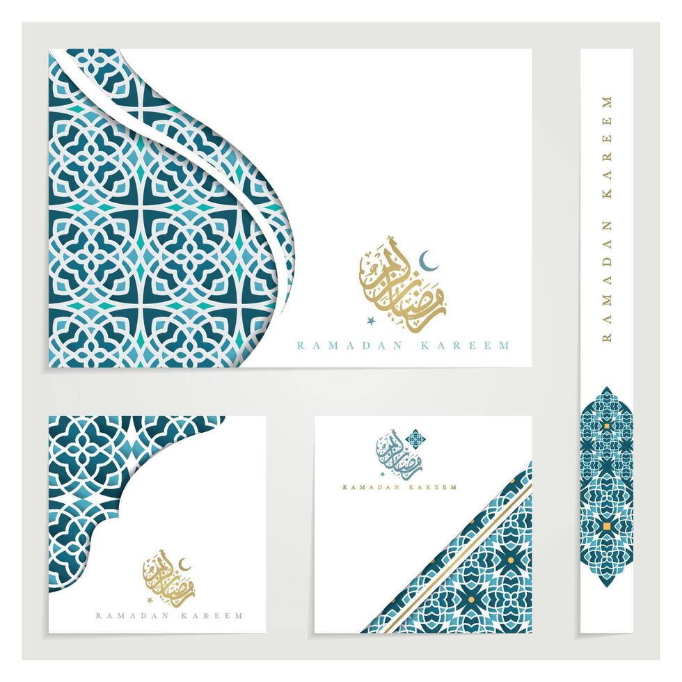 Four Sets Of Ramadan Kareem Greeting Islamic Illustration Design With Arabic calligraphy and lanterns for Background, Wallpaper, Banner, Cover and Card. Translation Of Text BLESSED FESTIVAL vector
