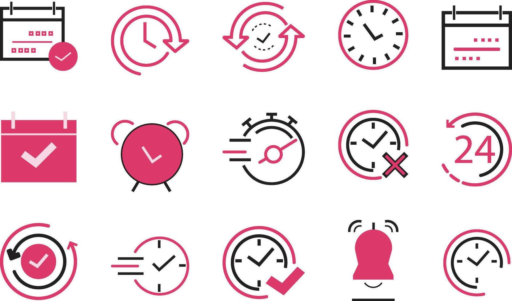 Set of clock icons with colorful designs isolated on white background. vector