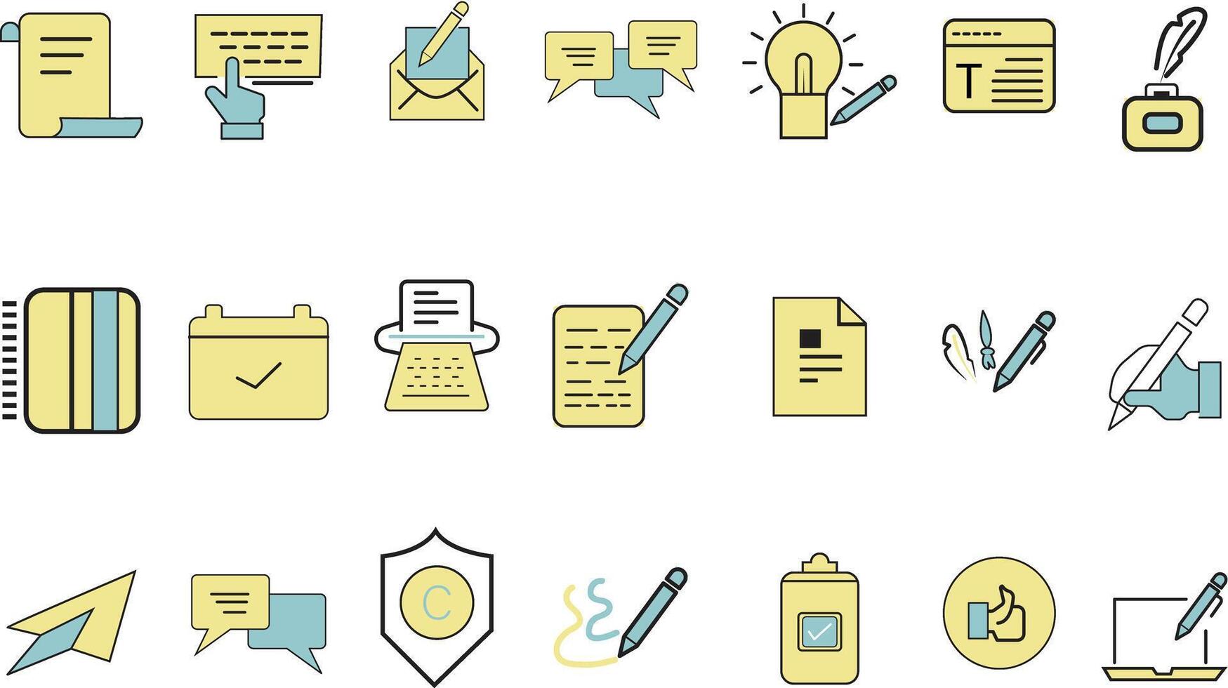 Copywriting symbols. Identity writers pen blog coding social content service production books letters articles flat colored icon. vector