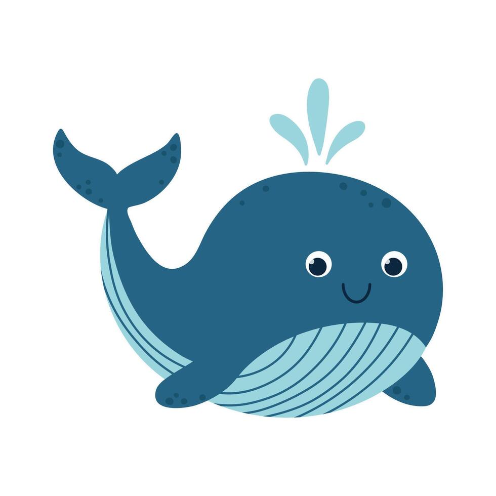 Kawaii blue whale with water splash, big round eyes, wide, smiling face, cheerful expression. Cute sea animal with soft, rounded features. Naive cartoon illustration, ideal for childrens designs vector