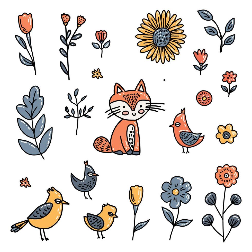 A set of children's drawing of a fox, a bird, mushrooms among the foliage. vector