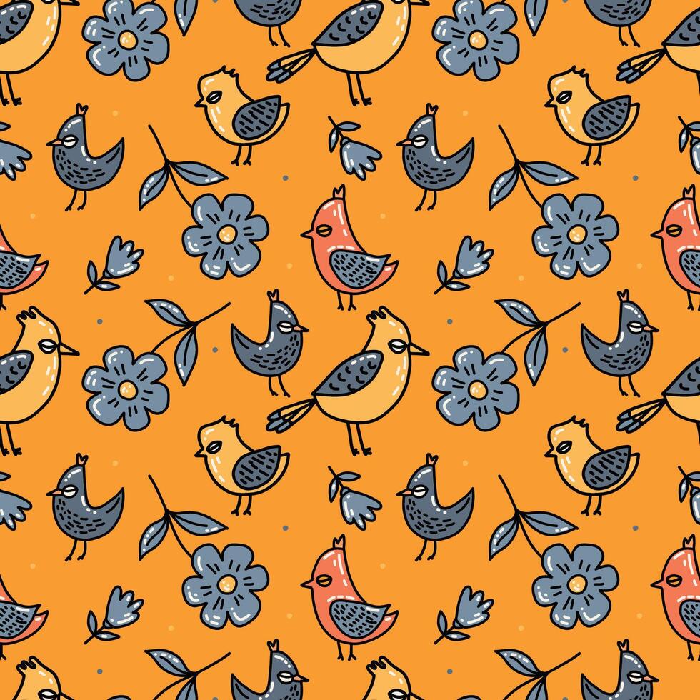 Birds, leaves and flowers. Colorful and whimsical illustration of various birds with floral accents on the background. vector