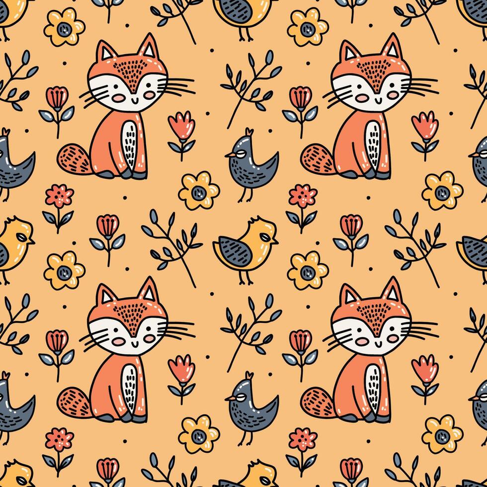 Fox, leaves and flowers. A hand drawn illustration. Chicken and fox pattern. vector