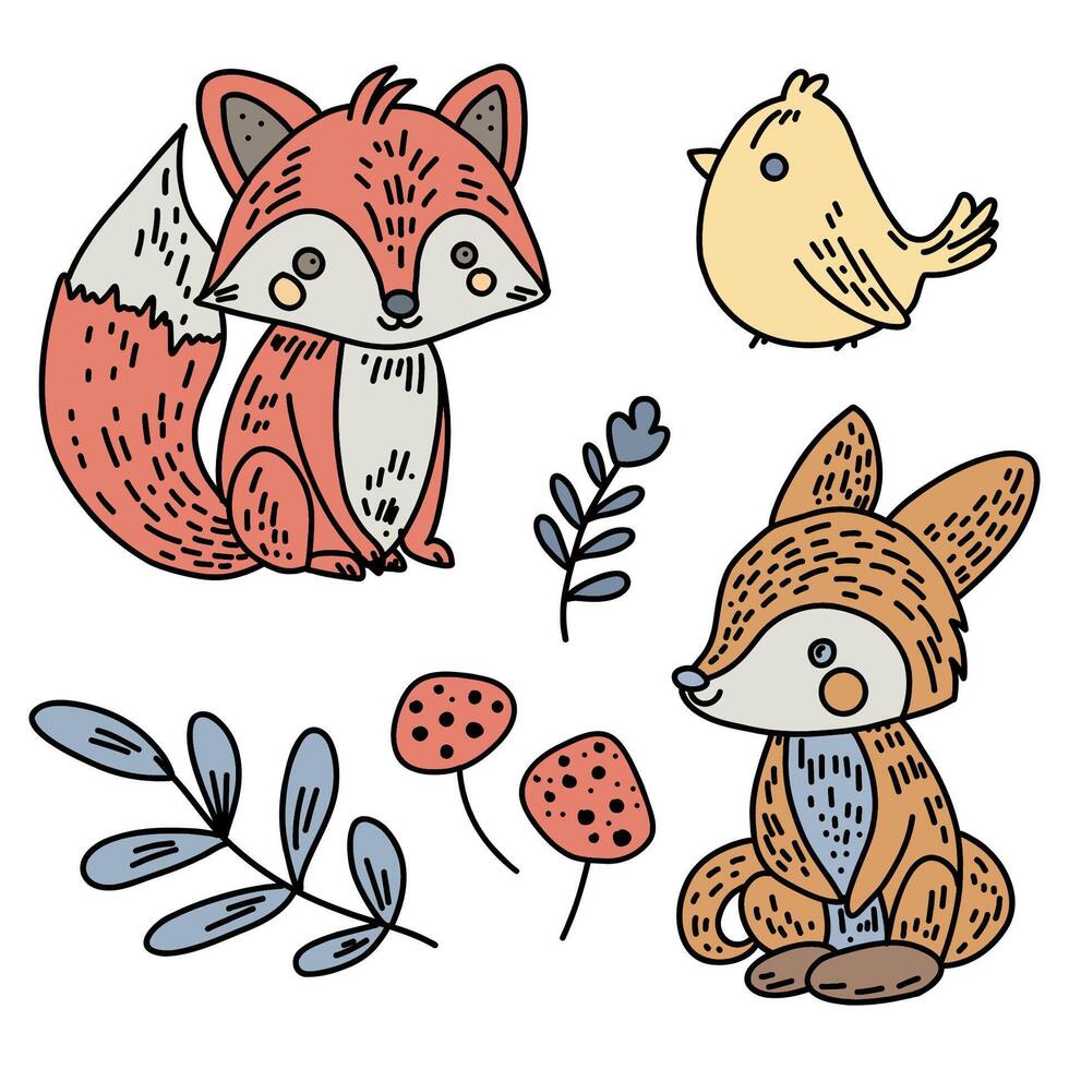 A set of children's drawing of a fox, a bird, mushrooms among the foliage. vector