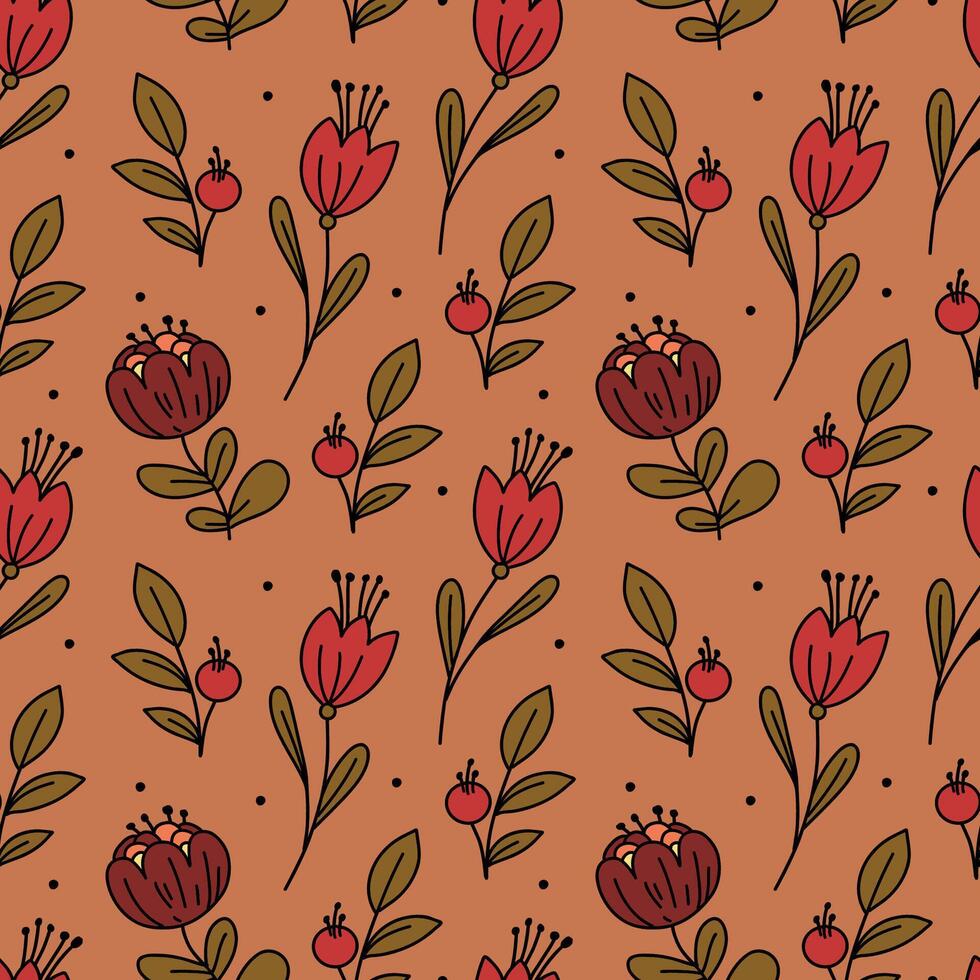 Floral pattern of small flowers and leaves for fabric. Seamless background with a bohemian pattern in the form of small drawings of botany. vector