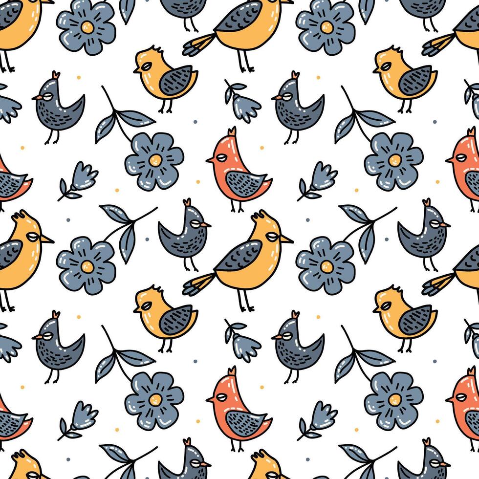 Birds, leaves and flowers. Colorful and whimsical illustration of various birds with floral accents on the background. vector