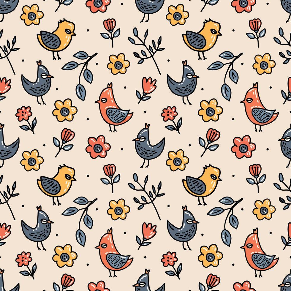 Chicken, leaves and flowers. A hand drawn illustration. Chicken pattern. vector