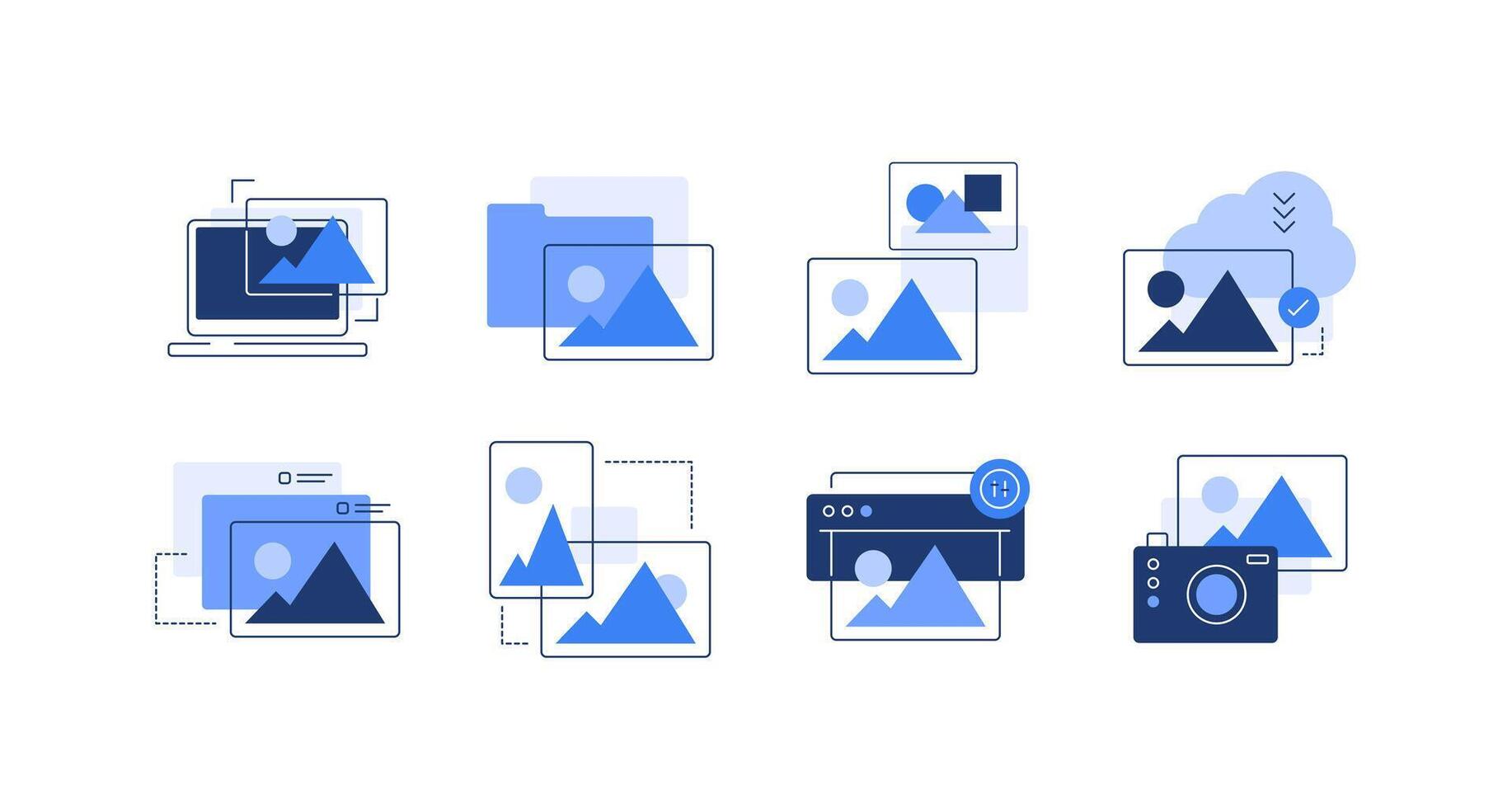 Pc, files, images and photography. Set of flat illustrations vector