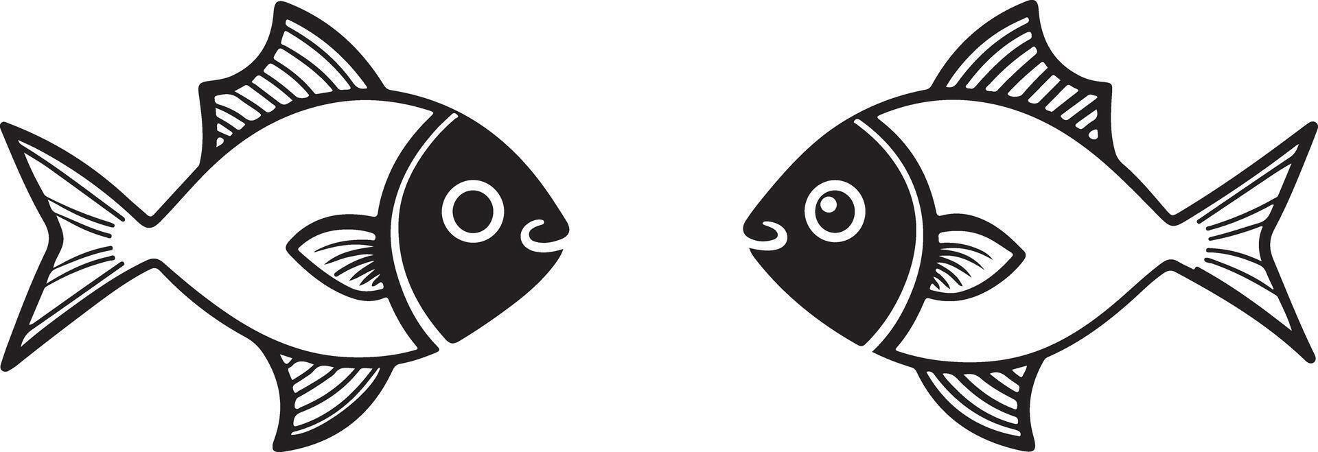 two fish are shown in black and white vector