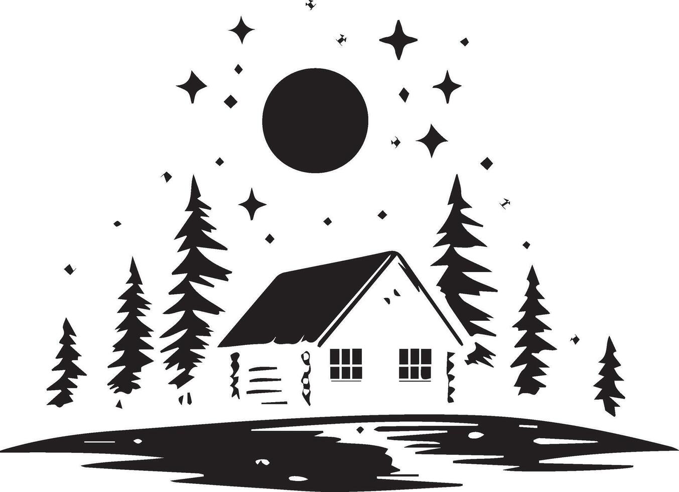 a black and white illustration of a cabin in the woods vector