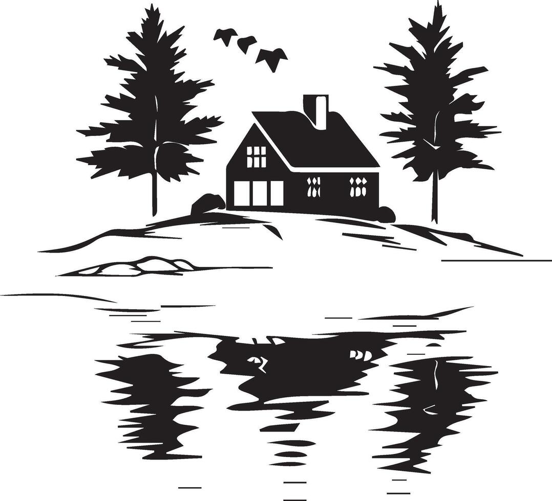 a house on the lake with trees and birds vector