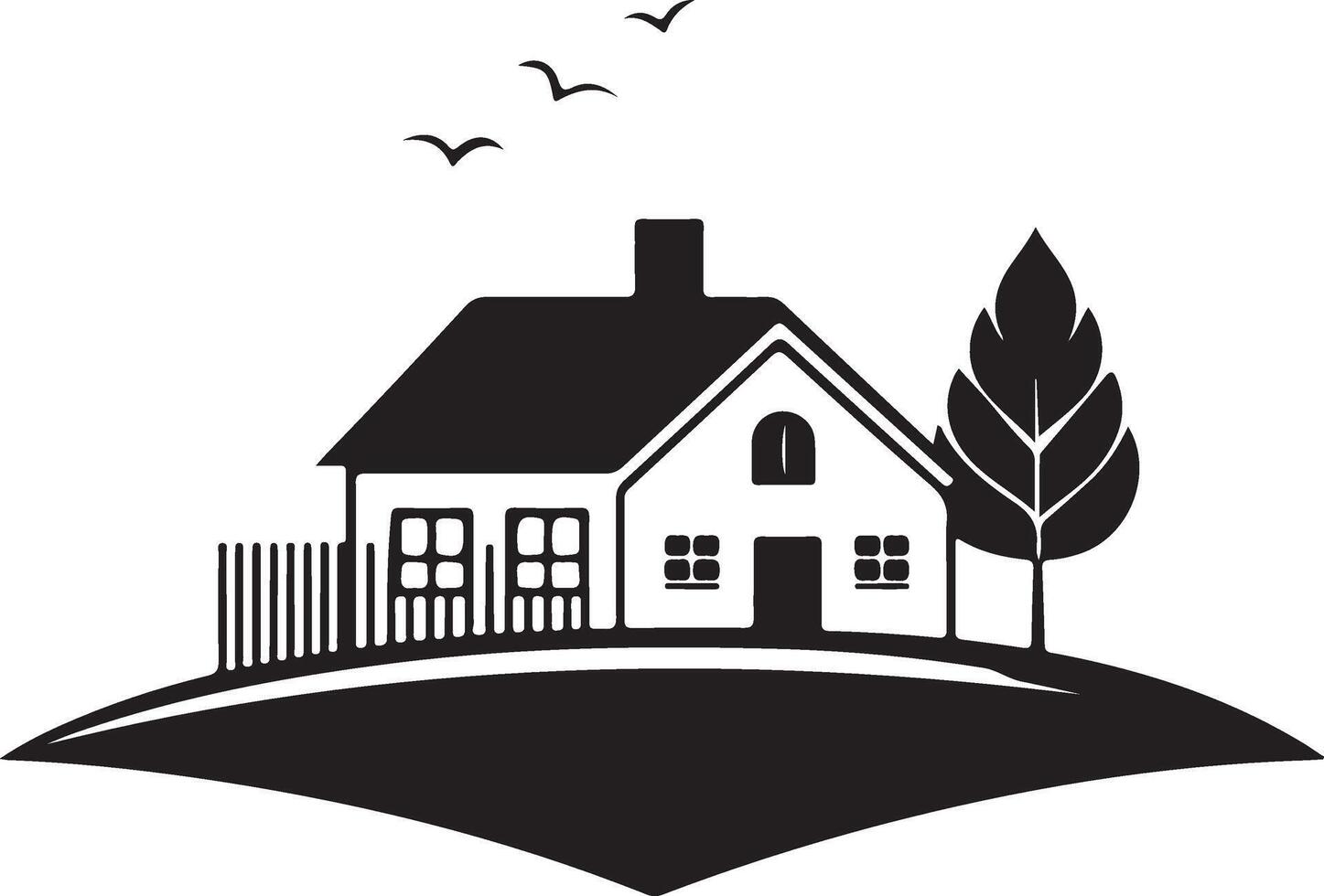 a black and white house with a tree and birds vector
