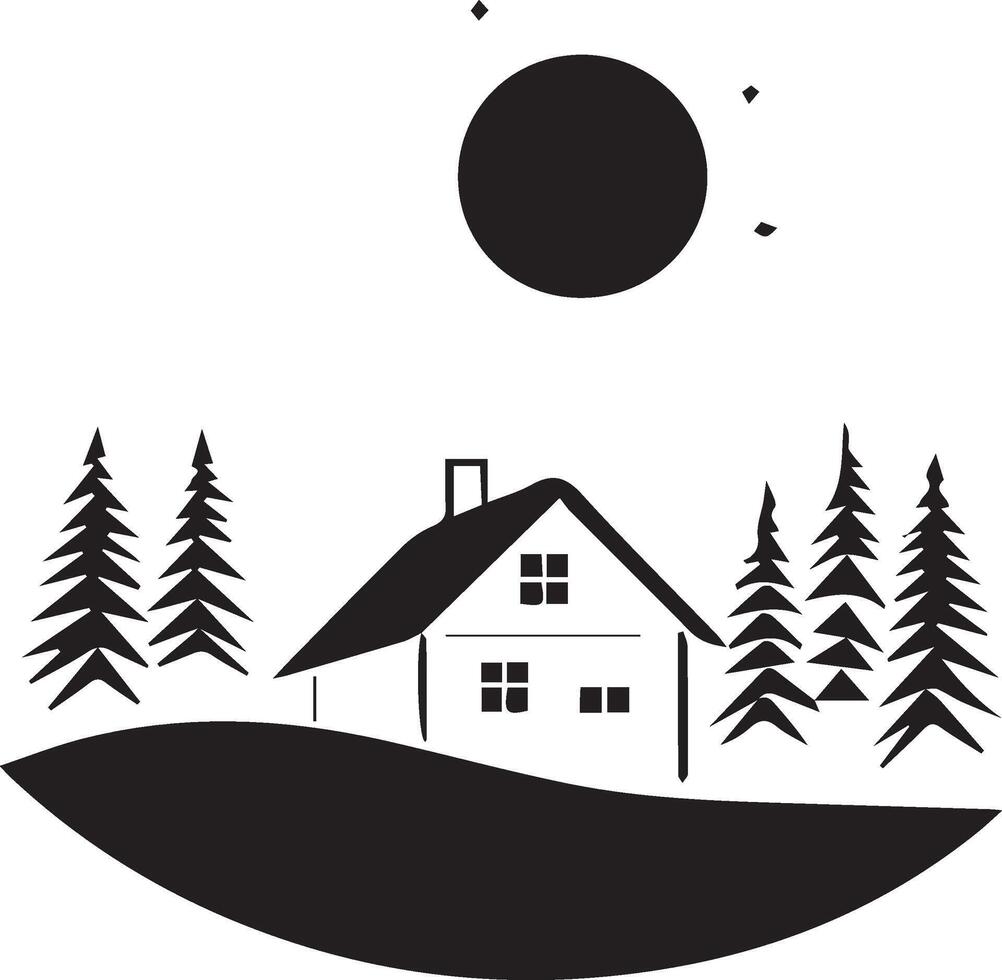 a black and white silhouette of a house and trees vector
