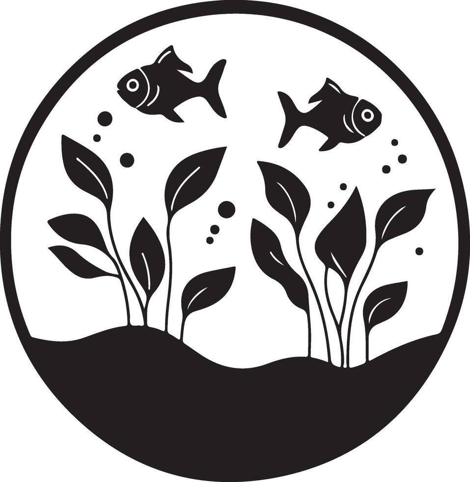fish in the water with plants and leaves in a circle vector