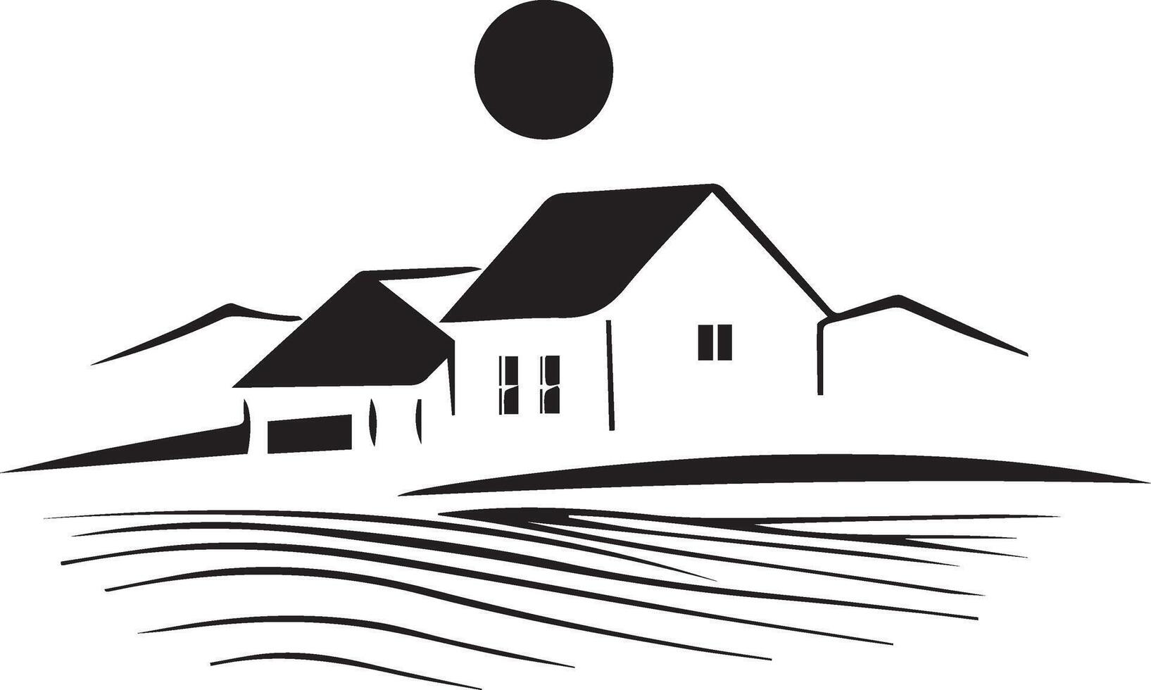 a black and white logo of a house with a mountain in the background vector