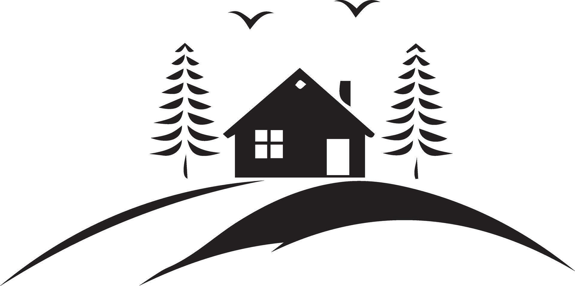 a black and white logo of a house on a hill with trees vector