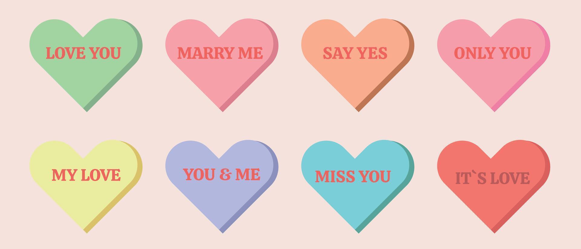 Eight colorful hearts display romantic messages such as LOVE YOU, MARRY ME on a soft background. vector