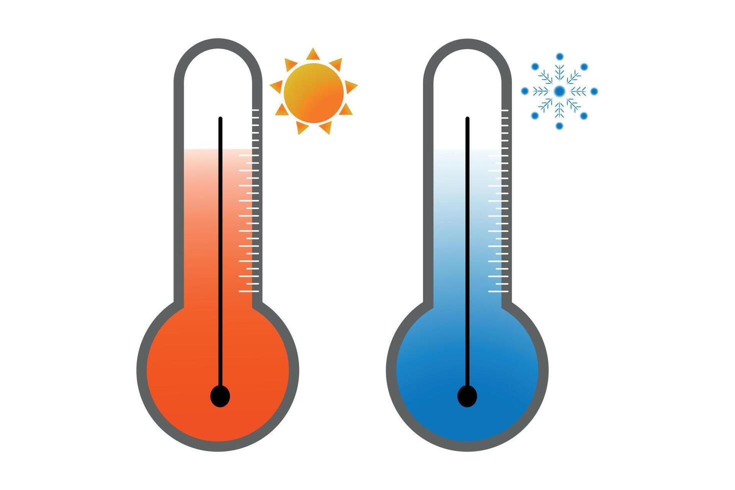 Two thermometers show high and low temperatures with a sun icon on the red side and a snowflake on the blue side. vector