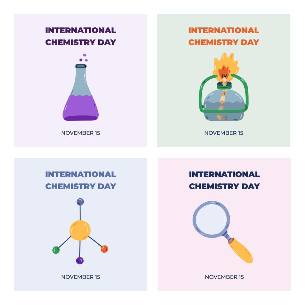 Set of cute square posters for International Chemistry Day at November 15 with cartoon science and chemical clipart. Minimalistic holiday concept for banner, background template for website, media. vector