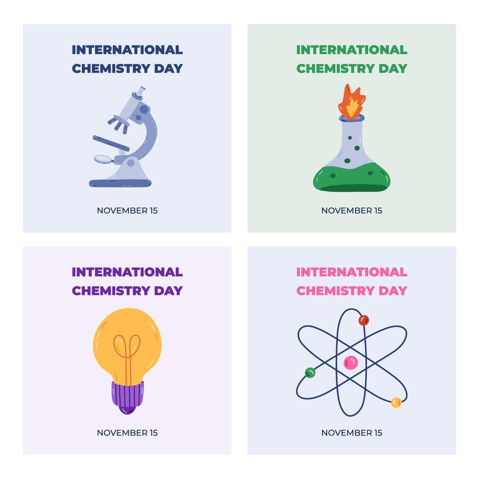 Set of cute square posters for International Chemistry Day at November 15 with cartoon science and chemical clipart. Minimalistic holiday concept for banner, background template for website, media. vector