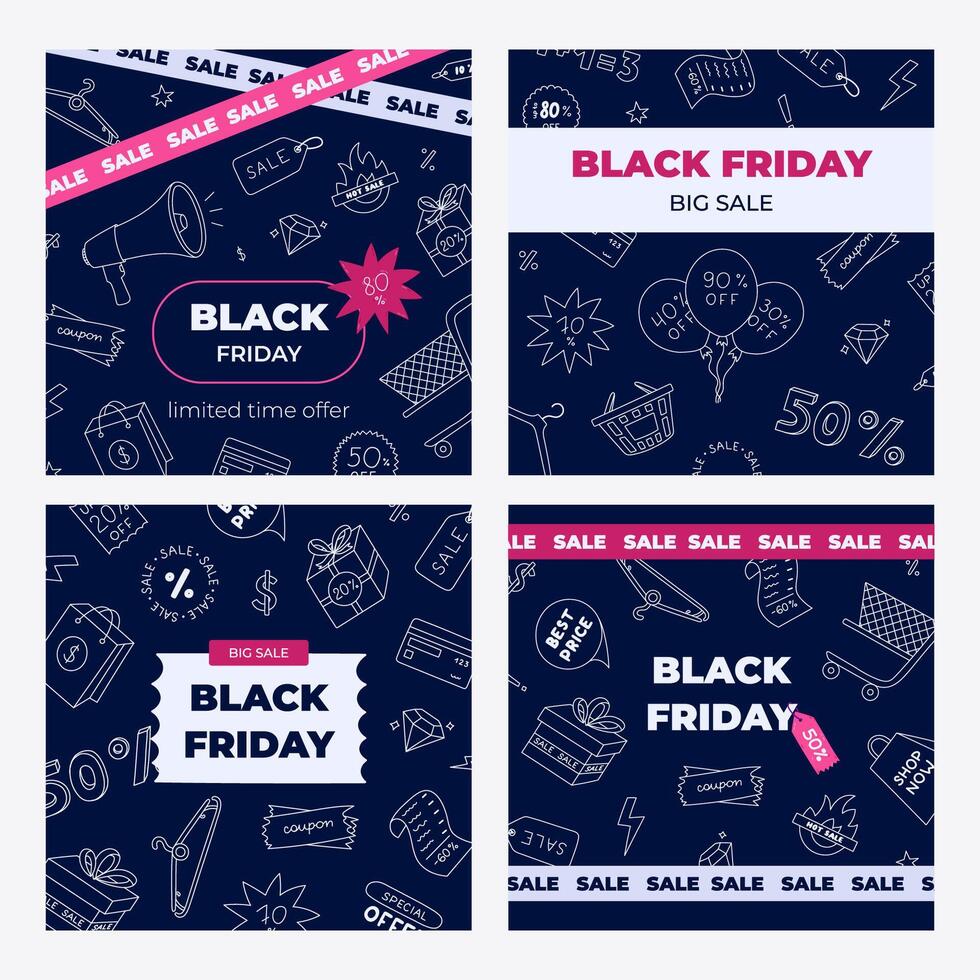 Set of square dark banners for Black Friday with white line doodle for shopping. Concept with funny hand drawn clipart for big sale for social media post, background template, website, promotion. vector