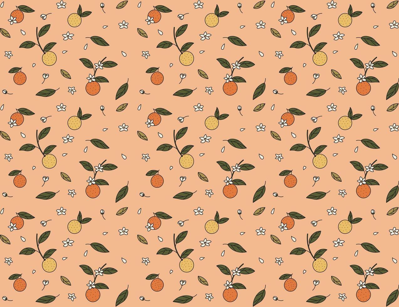the repeating of orange fruit hand drawn with leaf and flower on soft orange background. vector