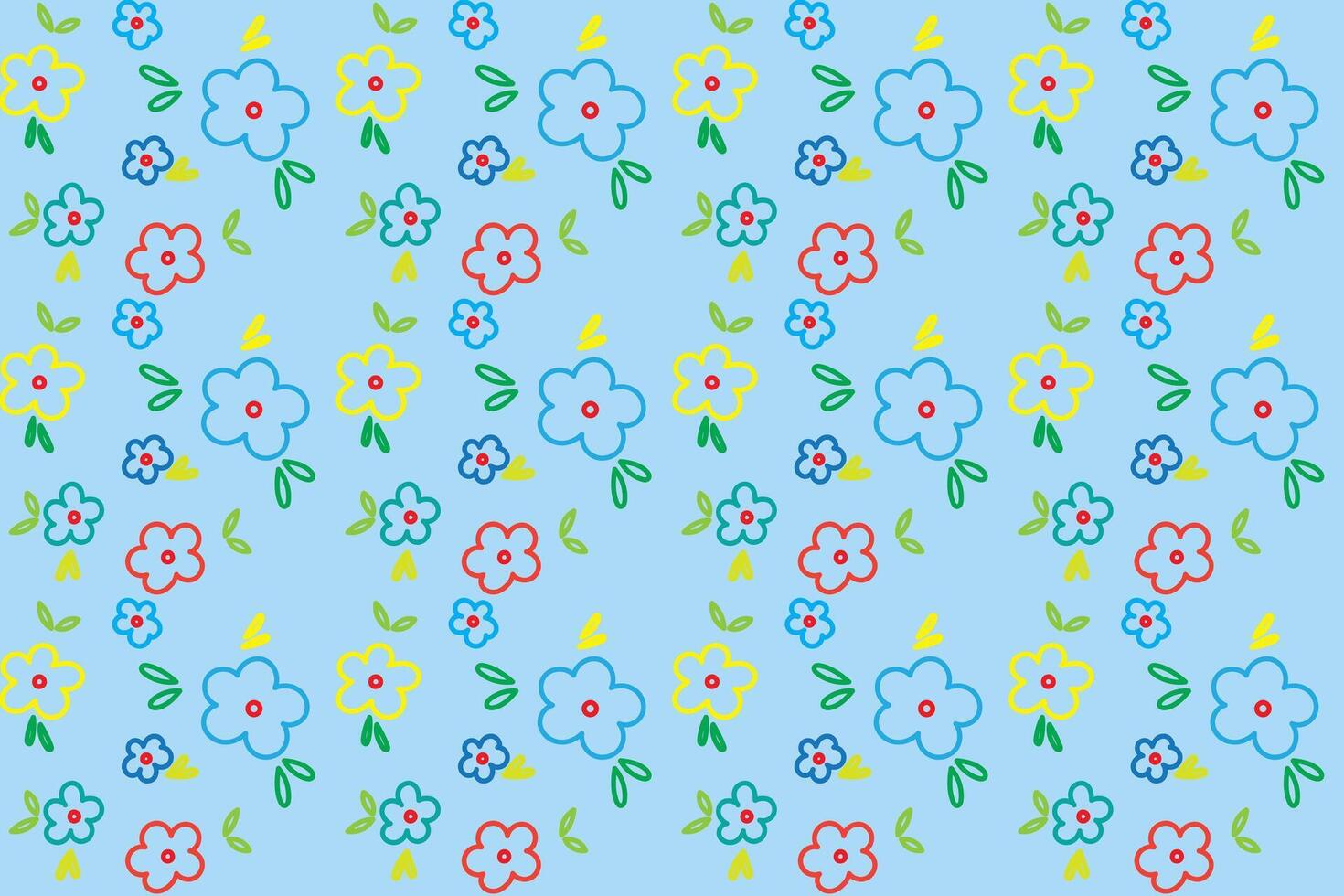 Illustration pattern, Repeating line of abstract multicolor flower with leaf on soft blue background. vector