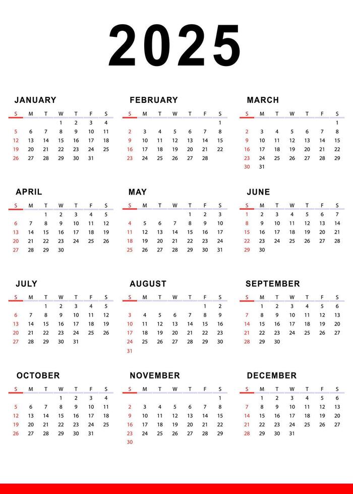 Calendar of year 2025 template. Sunday start. vector