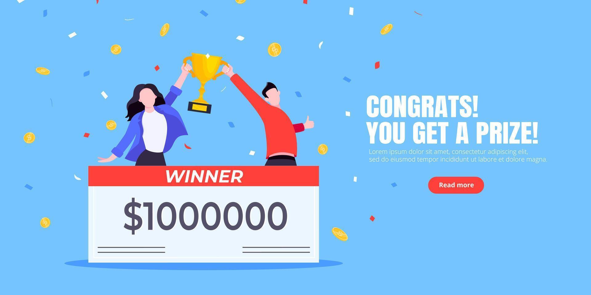 Happy lottery winners with big prize paycheck. vector