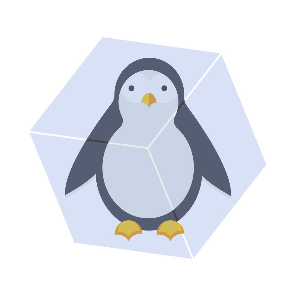 Penguin inside ice cube. Cute animal character isolated on white. Polar animal flat illustration vector