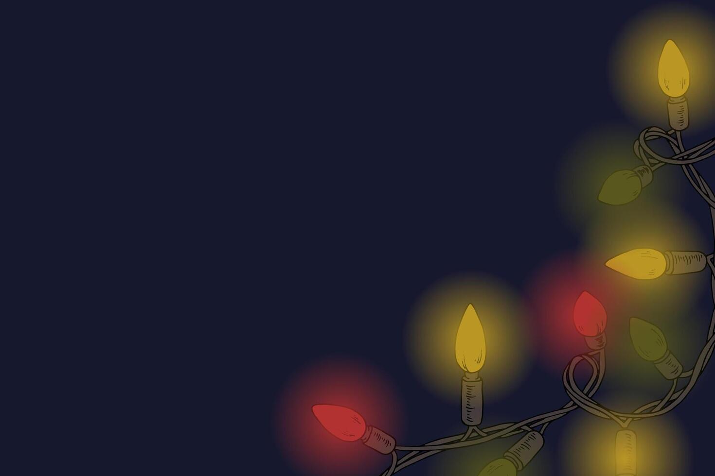 Christmas garland lights on a dark background with vintage hand drawn bulbs in green, yellow, and red. Glowing festive decoration in a rectangular frame, perfect for holiday cards or party invitations vector