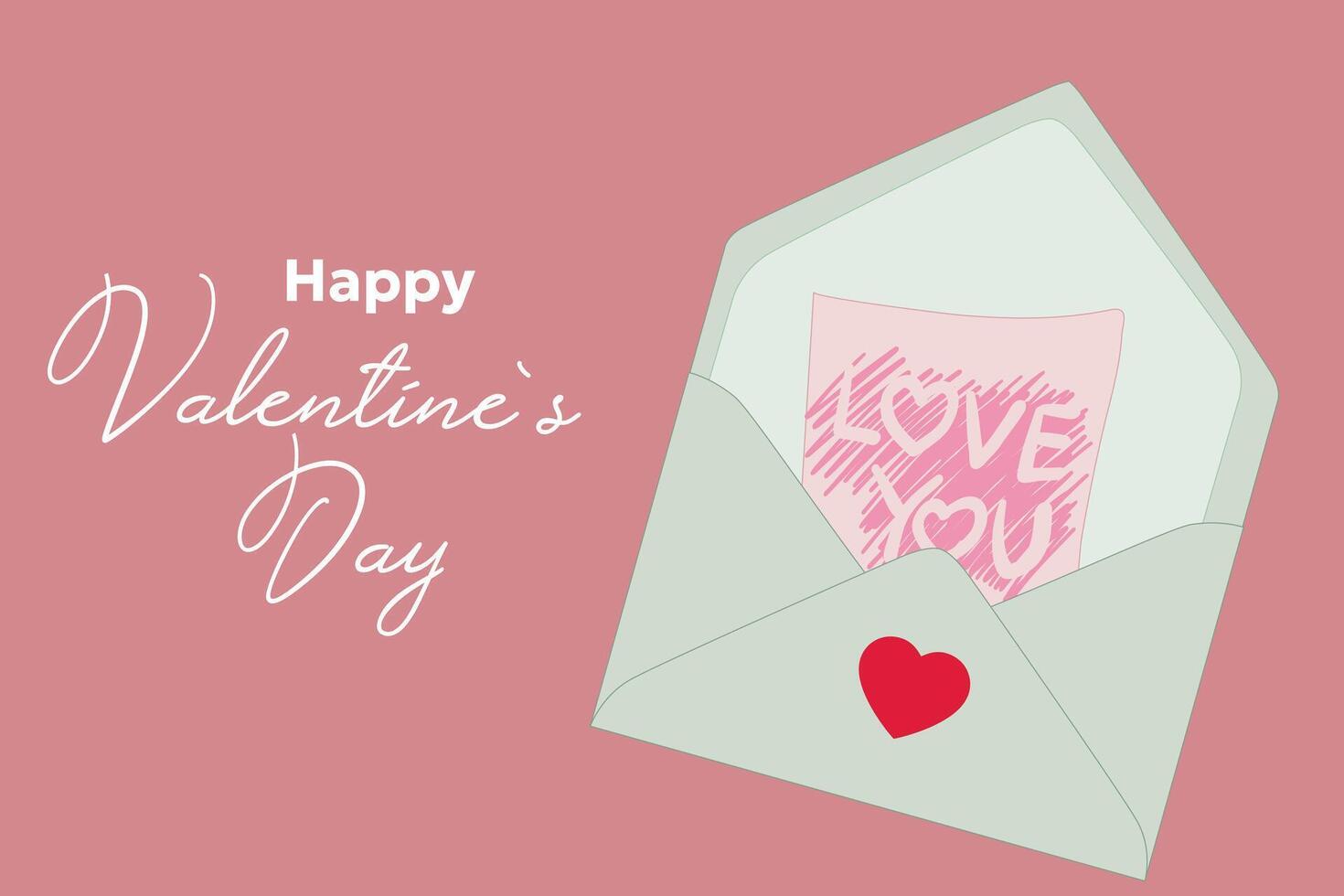 Valentines Day greeting with envelope and love note reading love you on pink background with red heart. Minimal Valentines Day card. Romantic love letter vector