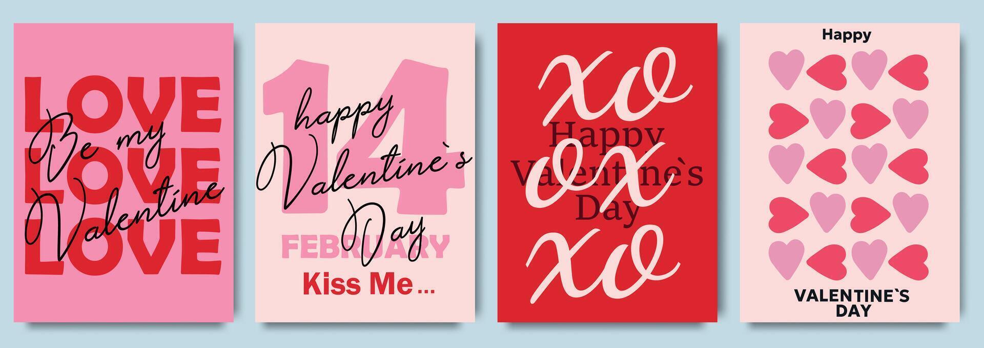 Collection of Valentines Day greeting cards with bold typography and romantic messages in vibrant colors. Templates for celebration, ads, branding, banner, cover, label, poster, sales vector