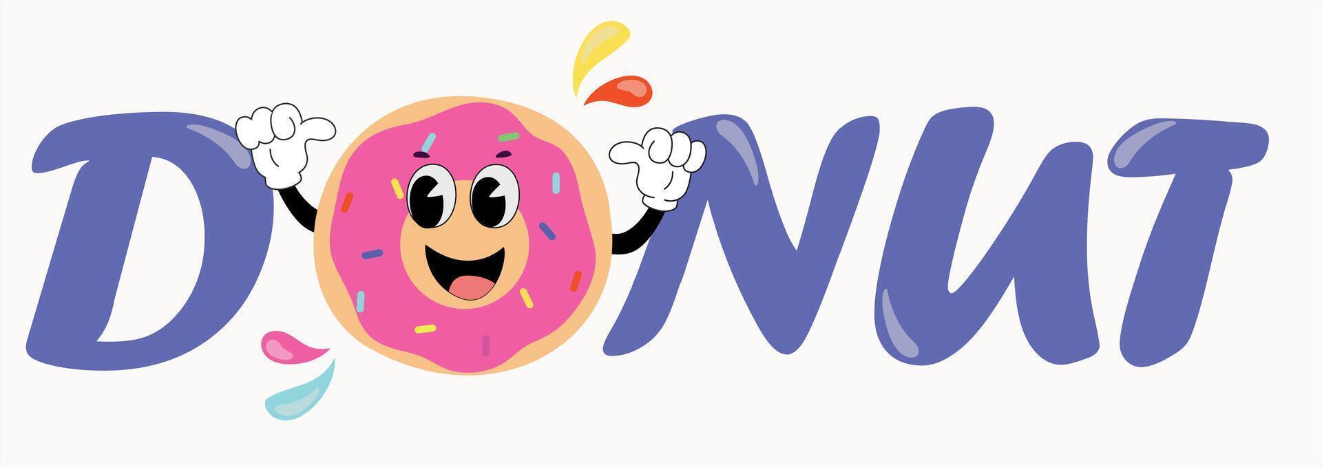 Playful donut logo with happy cartoon character, pink frosting, and colorful sprinkles in a whimsical design. Logo card in trendy retro style. For poster, card, print, promotion, sale and itc vector